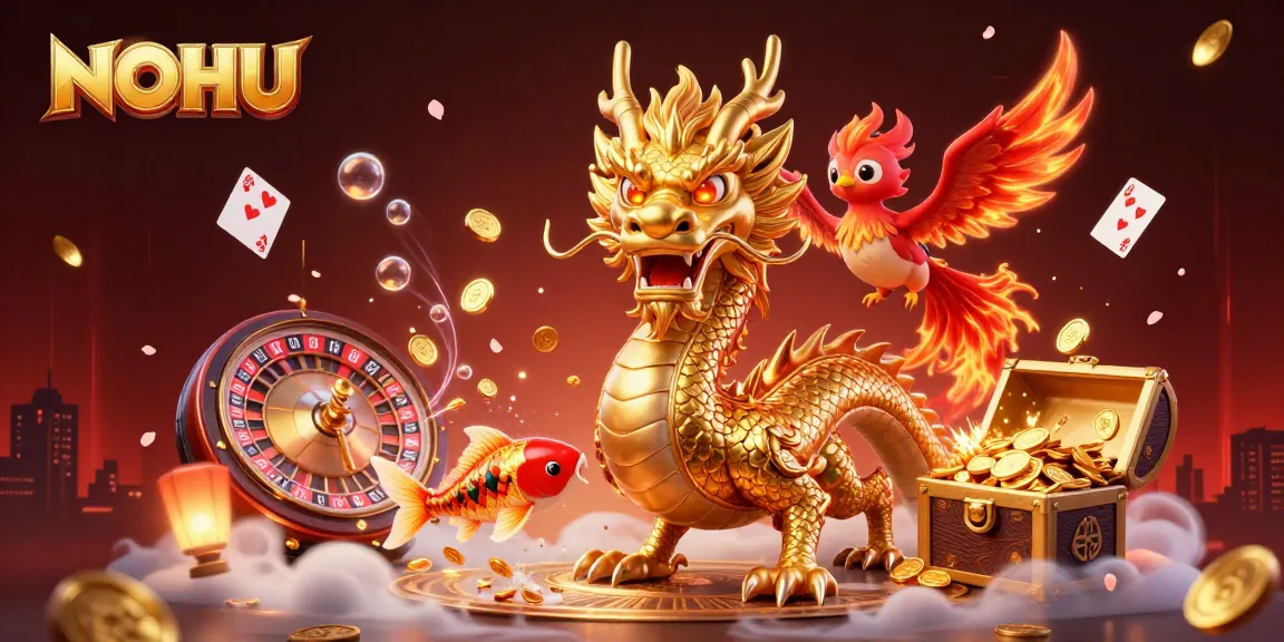 Experience thrilling gaming with NOHU's vibrant casino elements featuring a dragon, phoenix, and koi fish.