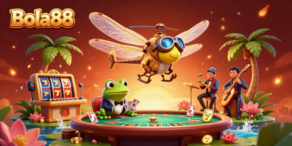 Bola88 showcases a thrilling virtual casino scene with vibrant characters and game elements filled with excitement.