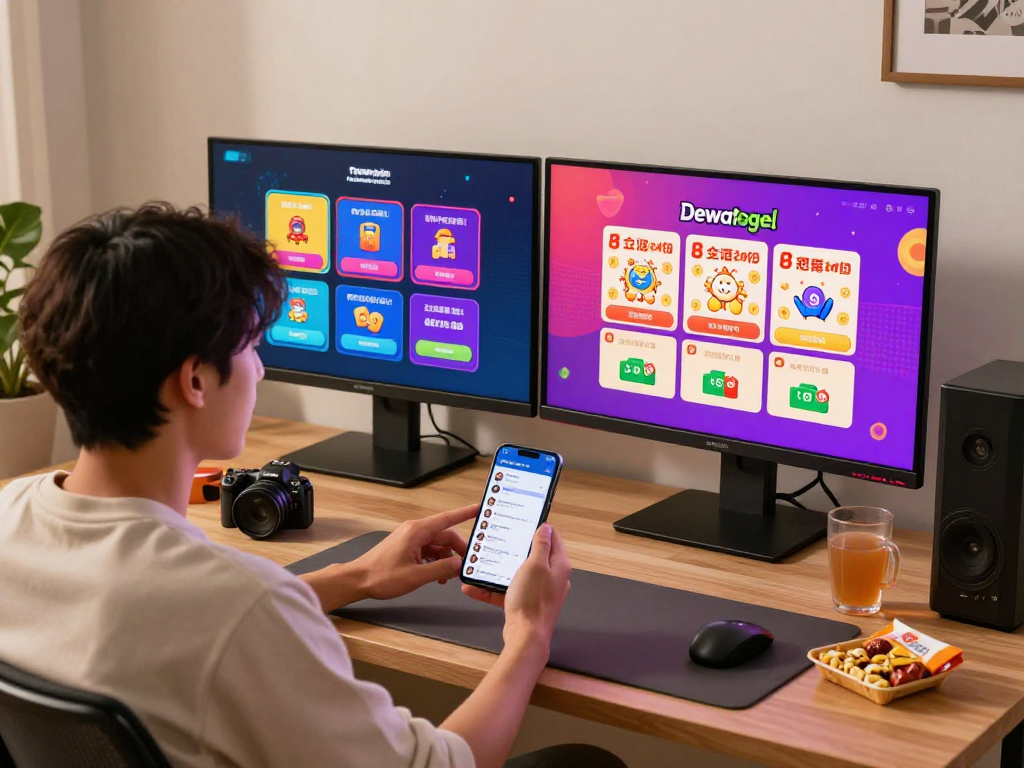 Dewatogel online lottery gaming experience with a player engaging in multiple games at home.