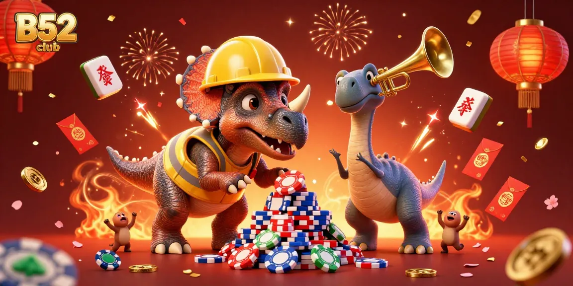 B52 club showcases a vibrant gaming celebration with cartoon characters, poker chips, and festive elements in an engaging 3D scene.