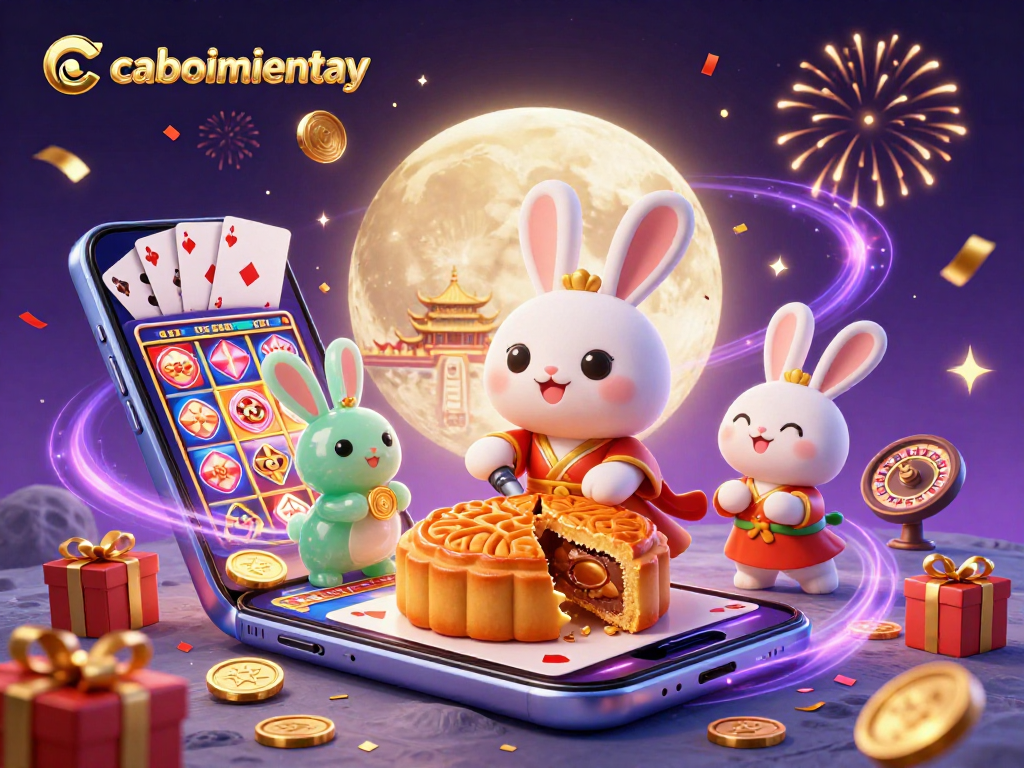 Engage in gaming thrills with caoboimientay as cartoon moon rabbits reveal poker chips and exciting slot games.