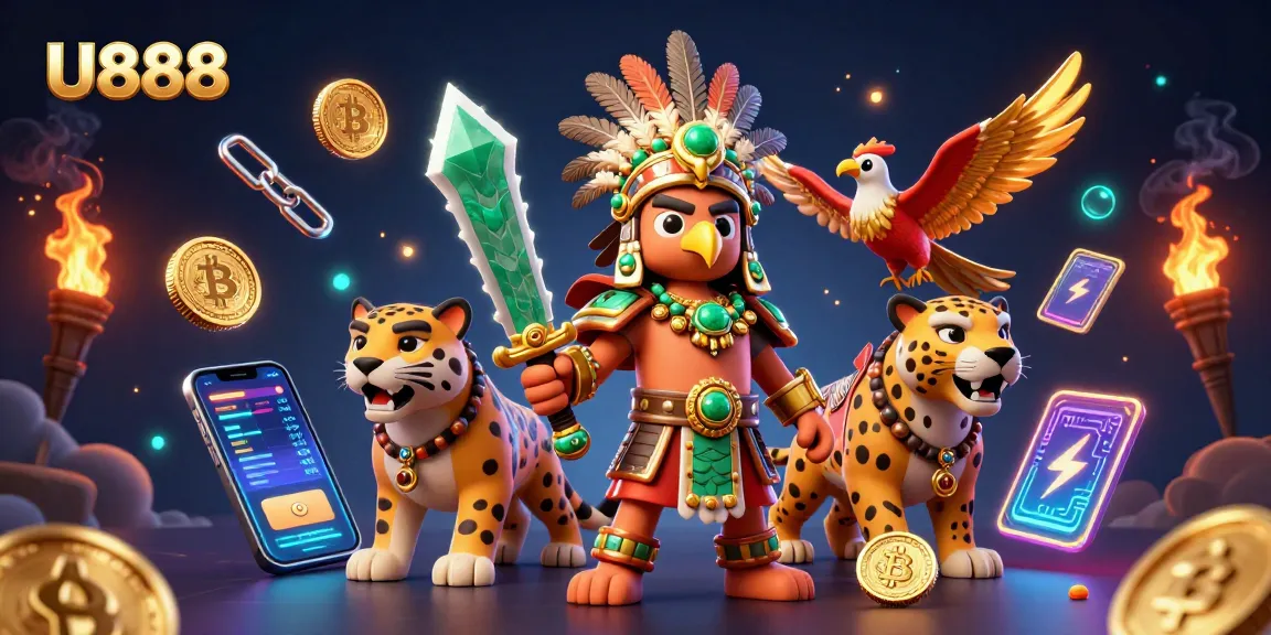 Engage in thrilling gameplay at U888, featuring Aztec warriors surrounded by glowing cryptocurrency elements.