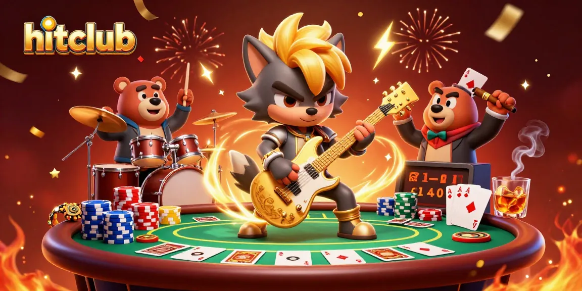 hitclub scene where a rock star wolf and drummer bear celebrate poker gains.