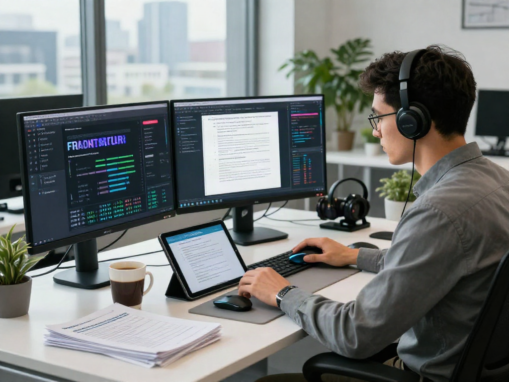 Analyst using a document fraud detection solution in a modern tech workspace with analytics display.