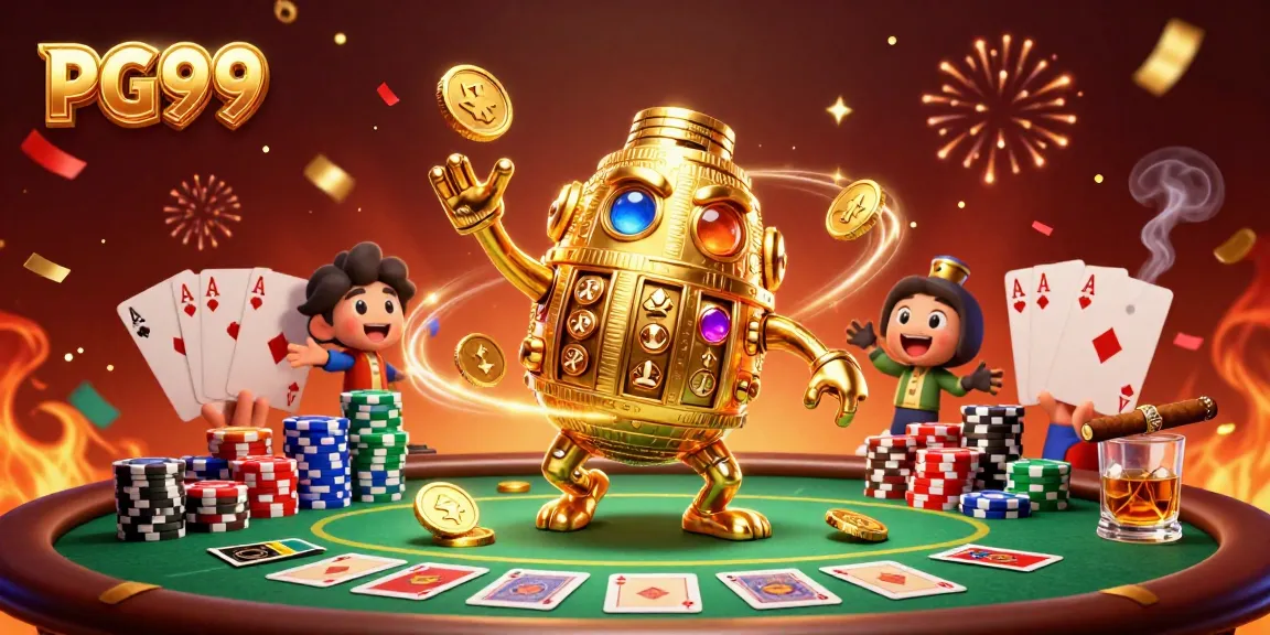 Engage with the animated PG99 golden golem surrounded by colorful poker symbols and energetic casino elements.