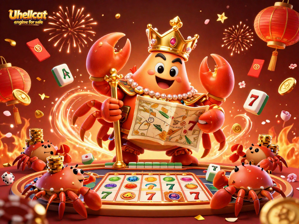 Engage with the vibrant gambling scene featuring the Used hellcat engine for sale, with a golden crab emperor and animated gaming elements.