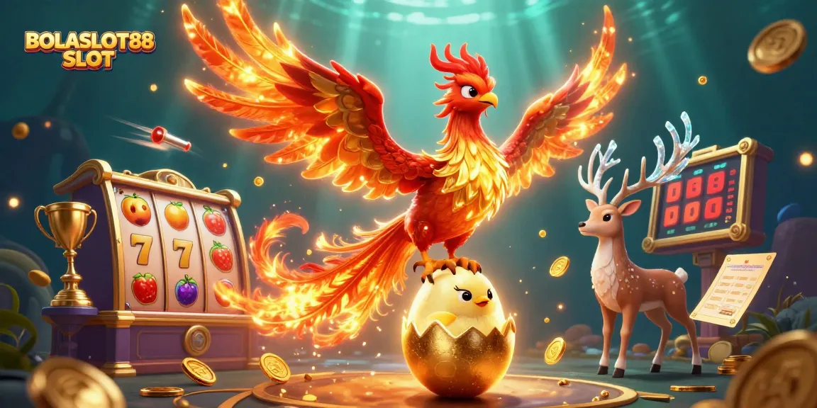 BOLASLOT88 SLOT showcases a vibrant scene with a fire phoenix, baby phoenix, and mystical stag amidst slot reels and gold coins.