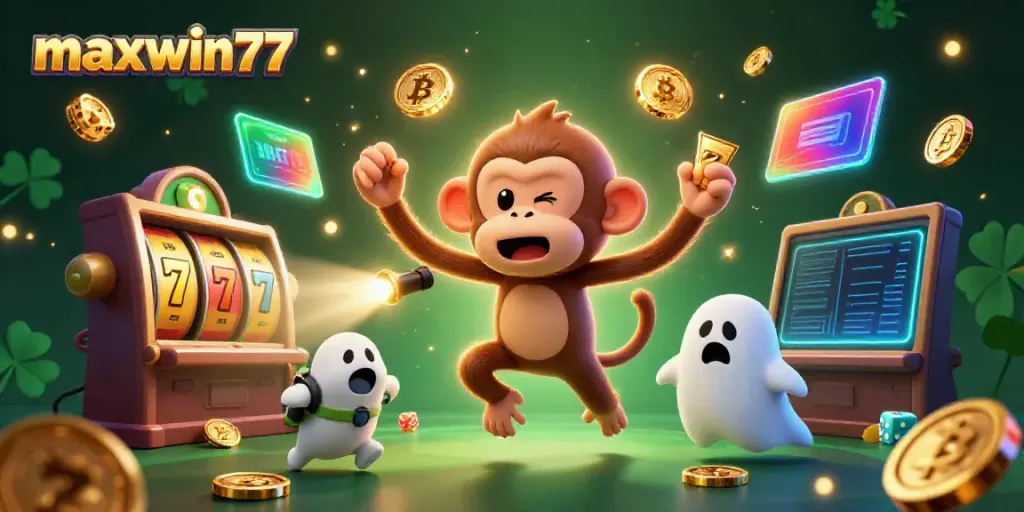 Play and win with maxwin77 in a lively haunted casino scene.