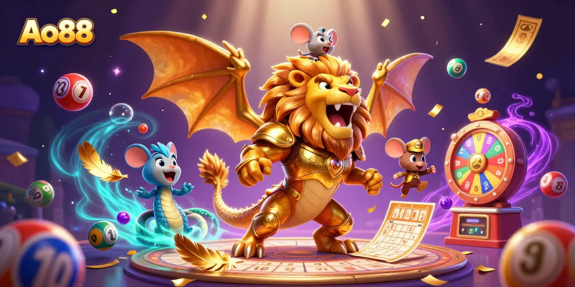 Spin and win with Ao88’s vibrant lottery balls and golden tickets floating around a roaring chimera.