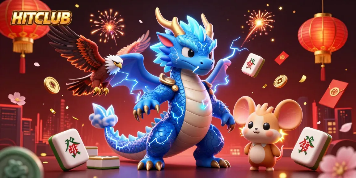 HITCLUB showcases electric blue dragon and gaming elements for a vibrant online casino experience.