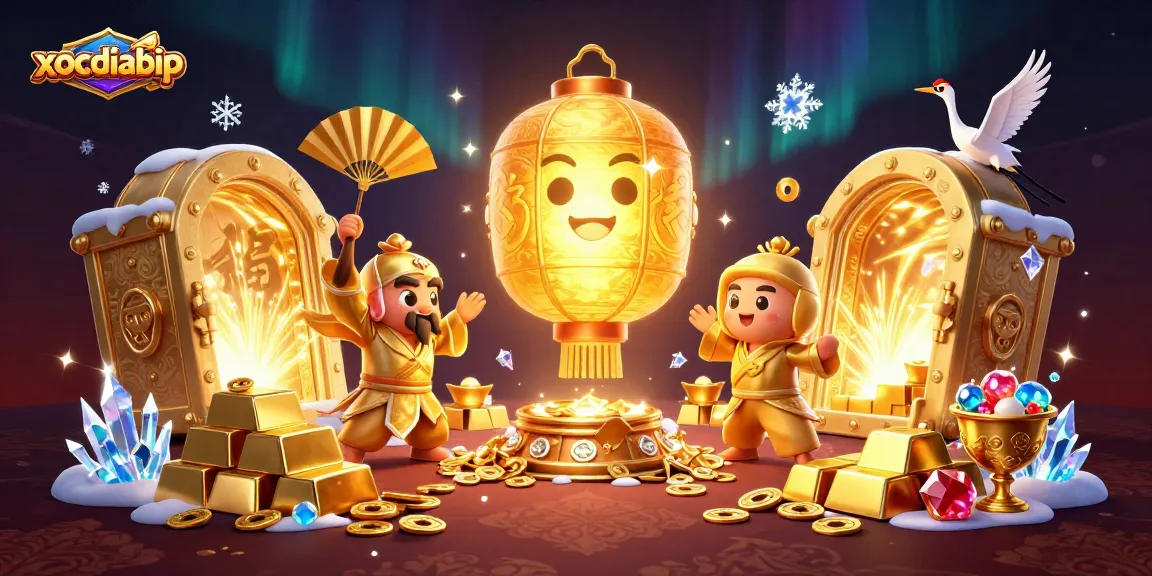 Xocdiabip reveals golden lantern spirit floating in a casino night market, surrounded by treasures.