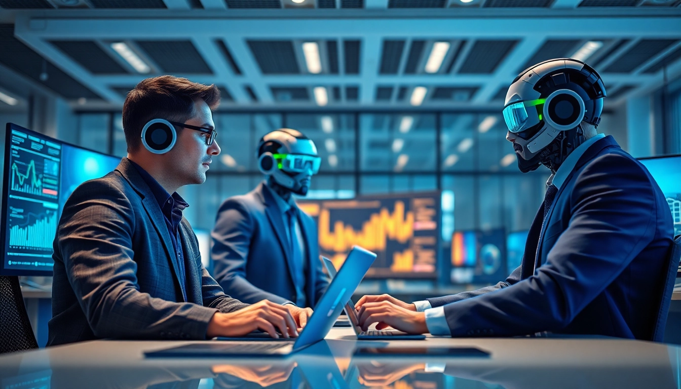 AI agents collaborating in a modern office with digital interfaces and vibrant visuals.