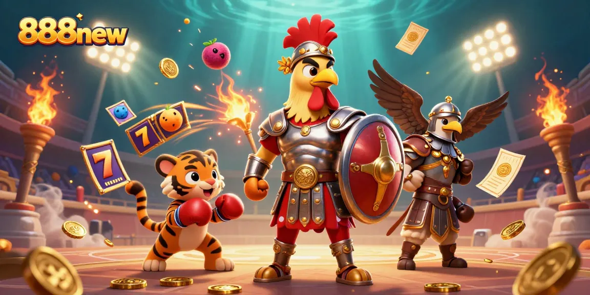 Engaging 888new slots scene with a gladiator rooster and a tiger cub in an arena, depicting dynamic winning action.