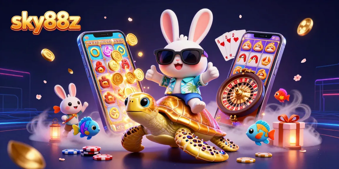 Play exciting slot games with sky88z in a vibrant scene featuring fun characters and casino elements.