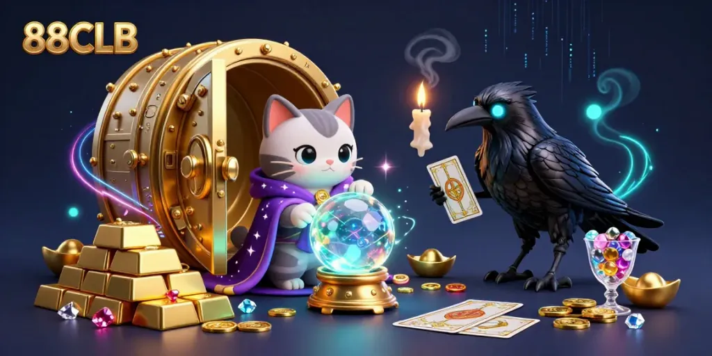 Experience the thrill of 88CLB with a mystical 3D scene showcasing vibrant casino elements and magical characters.
