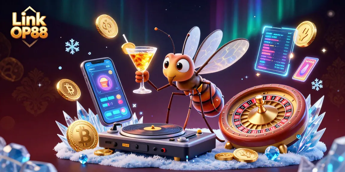 Experience the dynamic action of Link OP88's casino scene featuring a playful frozen mosquito mascot.