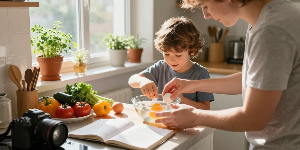Menampilkan panduan Uji Terapung Telur dari https://www.eggfloattest.com/contact dengan orang tua dan anak berinteraksi di dapur.