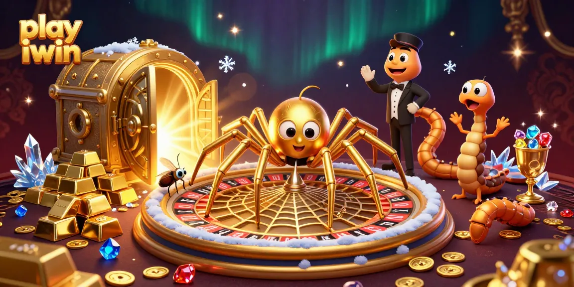 Play iwin for exciting casino thrills with a golden roulette web spun by whimsical characters.
