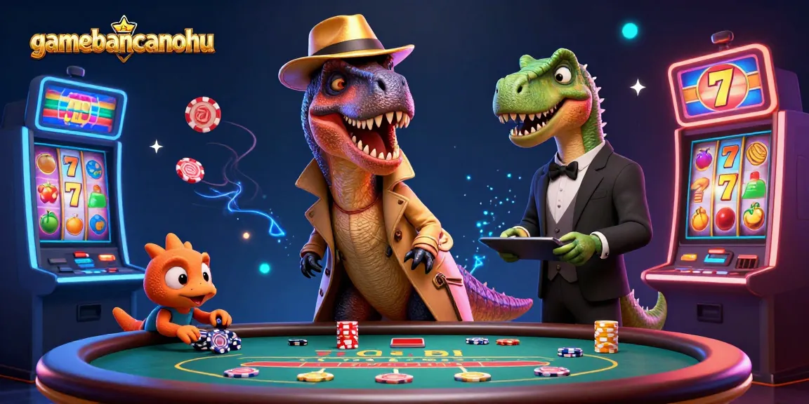 gamebancanohu showcases a velociraptor at a blackjack table amid vibrant casino elements.
