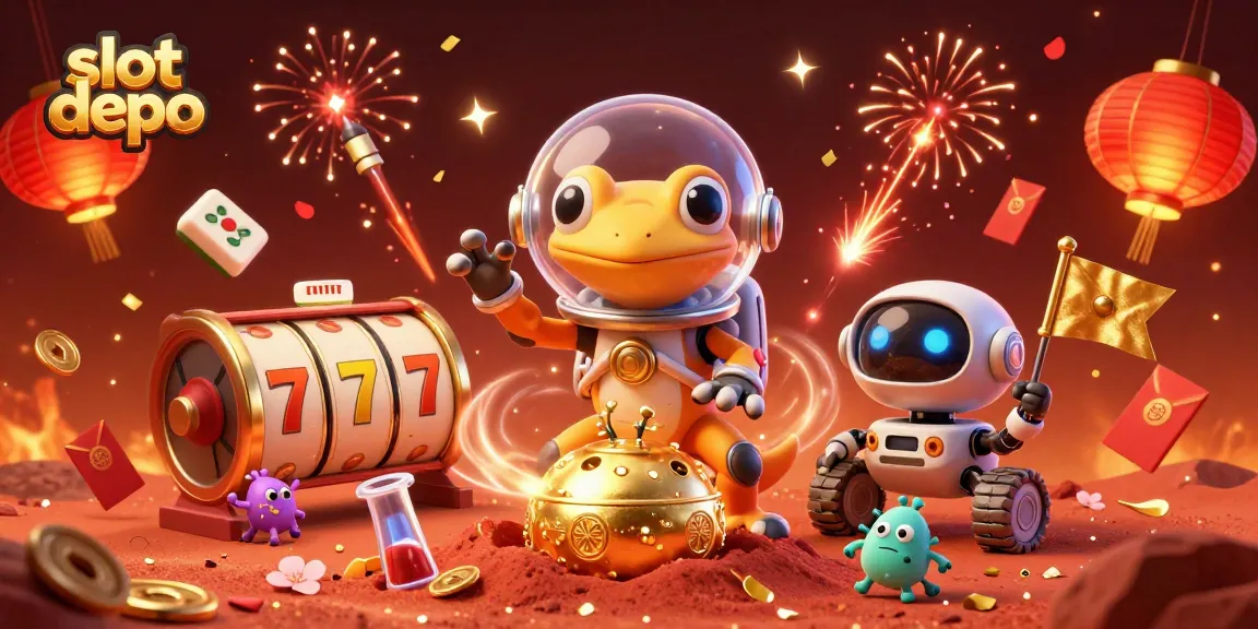 Slot depo menghadirkan kasino emas yang dikelilingi simbol keberuntungan dan meriah.