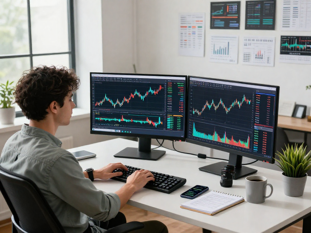TradingView trading analysis workspace with multiple monitors and analytical charts, creating a professional trading environment.