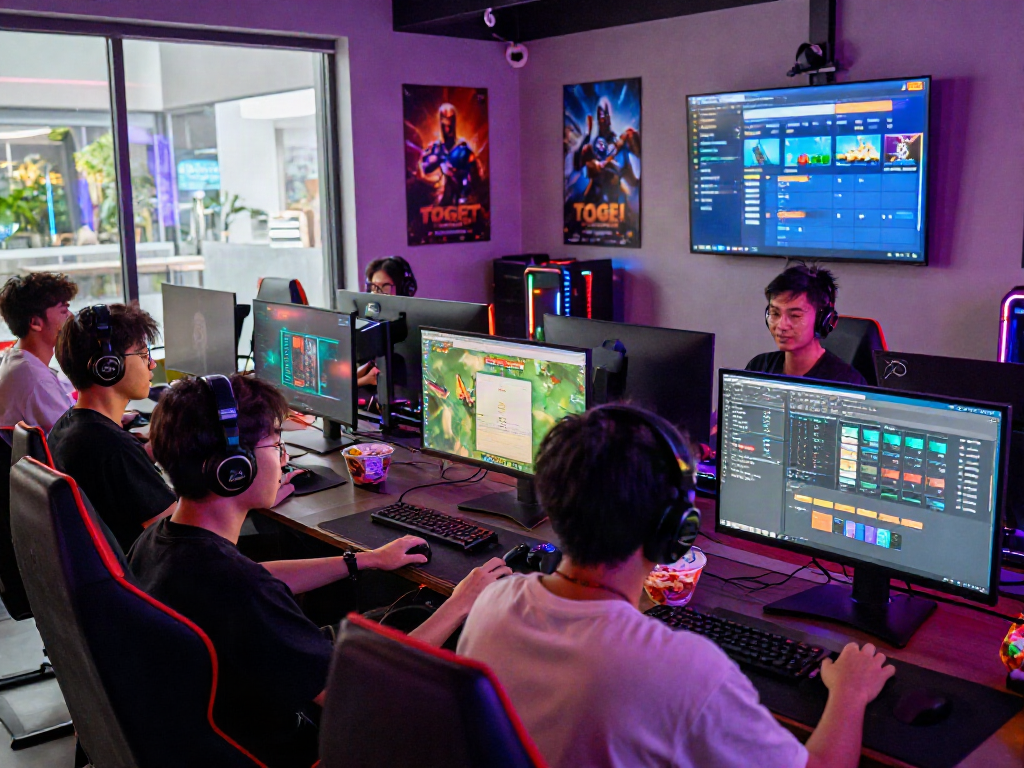 Group playing togel online in a vibrant gaming lounge with colorful lighting and tech.