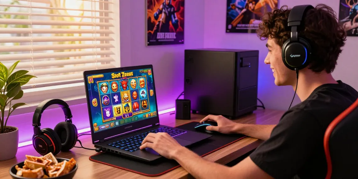 Exciting Slot Zeus gaming experience with vibrant graphics and cozy gaming setup.