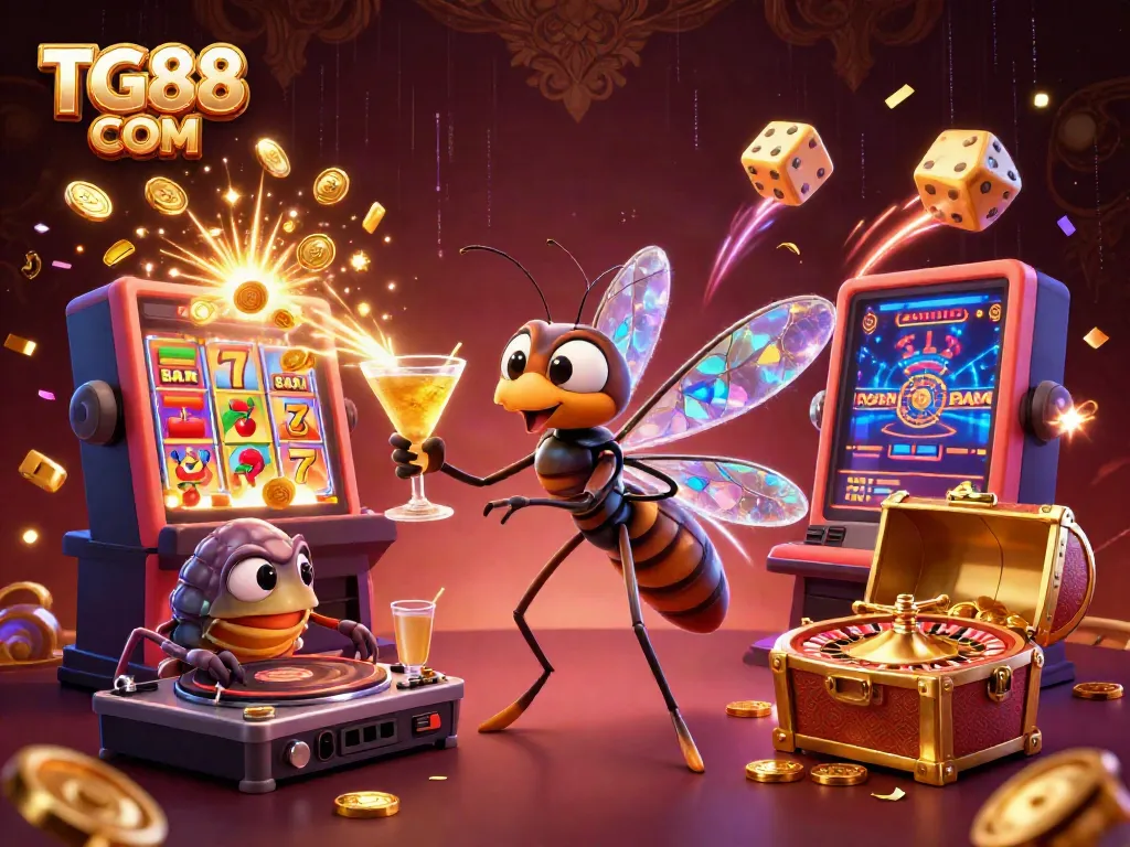 Experience thrilling gameplay with TG88 COM's vibrant casino illustration featuring a unique mosquito mascot.