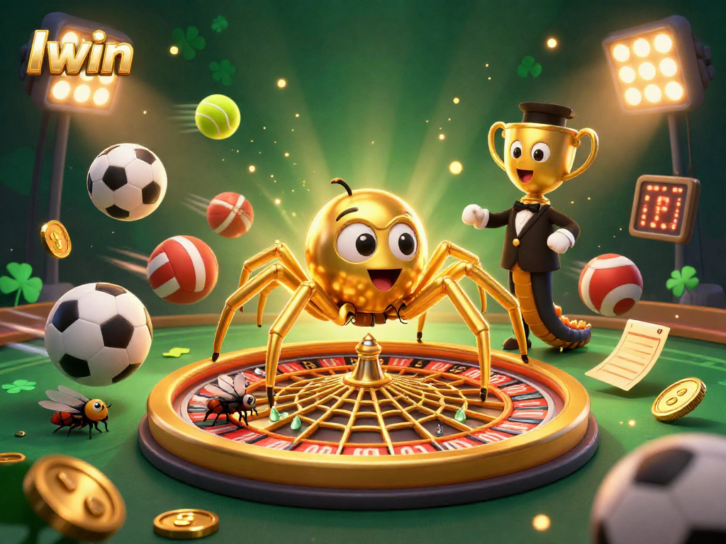 Place bets with Iwin at an exhilarating casino scene featuring a roulette wheel and dynamic sports elements.