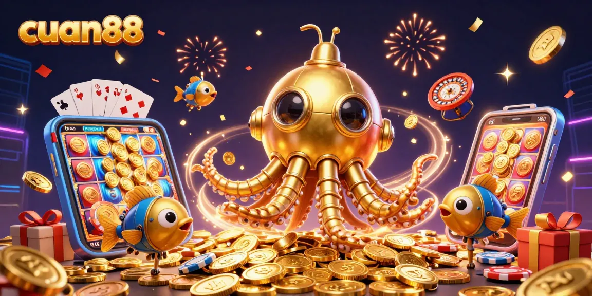 Mmenangkan jackpot di cuan88 dengan ilustrasi kraken emas dan kasino penuh koin.