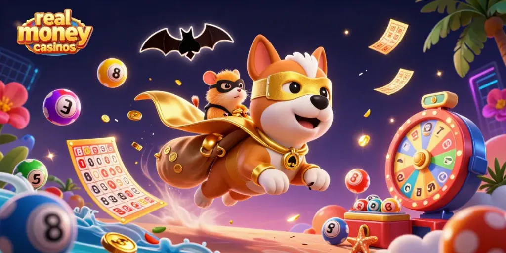 Experience exciting real money online casinos with a superhero dog and hamster amidst dynamic casino elements.