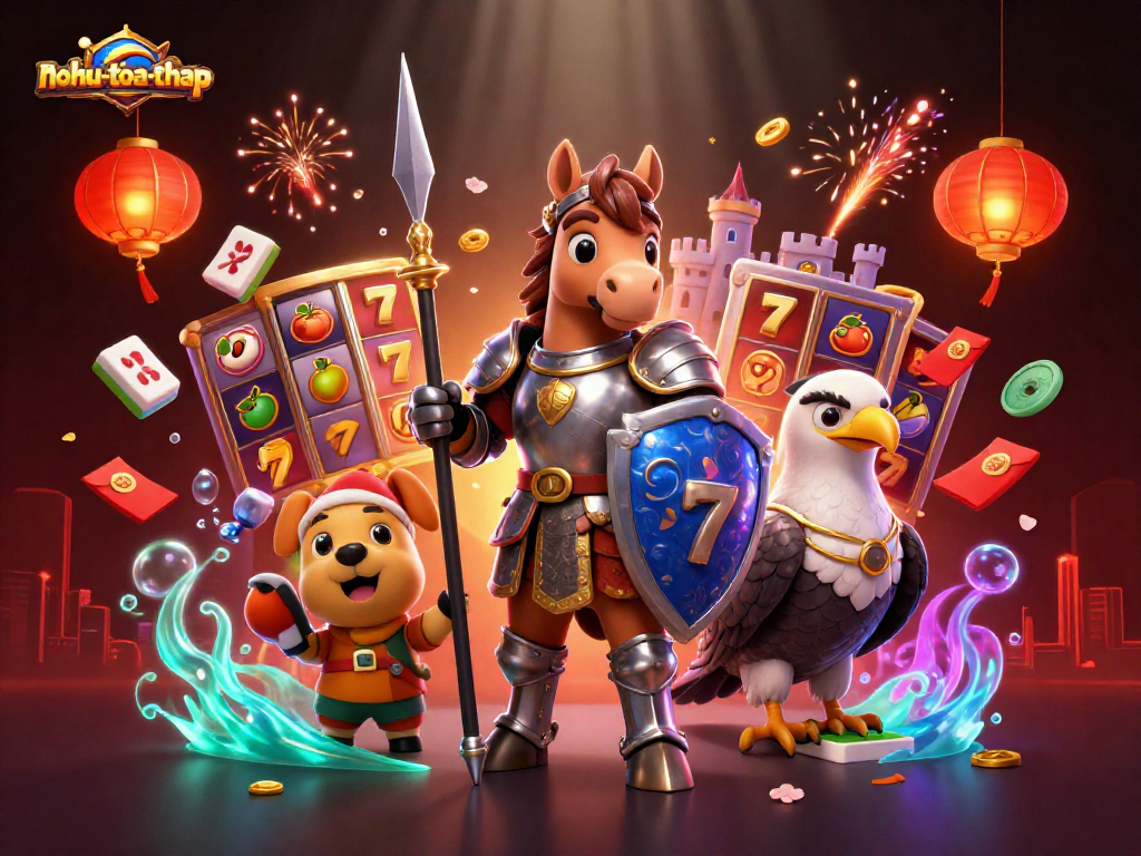 Nohu-toa-thap features an exciting slot scene with a medieval knight, vibrant casino elements, and dynamic action.