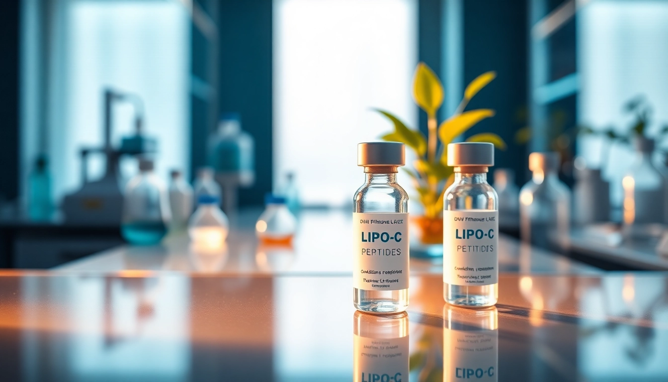 Buy lipo-c peptide for sale, emphasizing its scientific packaging and lab environment.