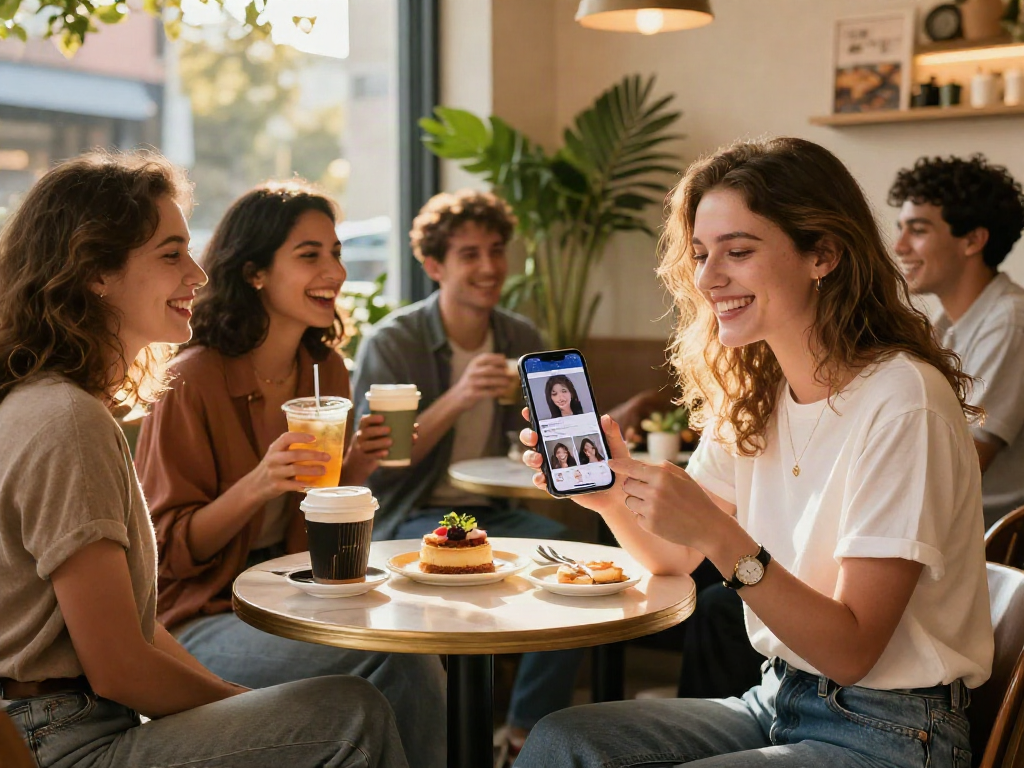 Smiling woman using a celebrity look alike app in vibrant café setting.