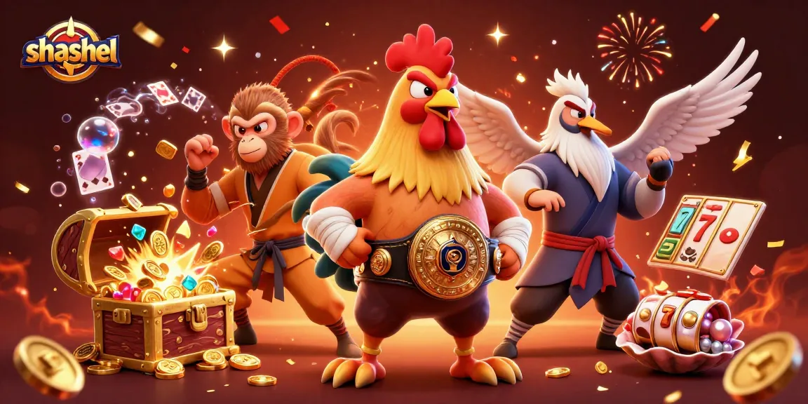 Shashel's thrilling slot game scene with a Muay Thai rooster, Shaolin monkey, and crane master celebrating wins.