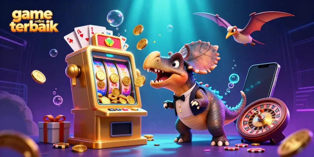 Experience the thrill of game online terbaik as a pachycephalosaurus triggers a slot machine jackpot amidst a vibrant casino scene.