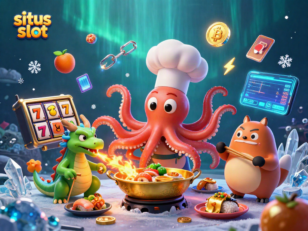 Engage with situs slot game elements in a vibrant 3D casino illustration featuring diverse characters.