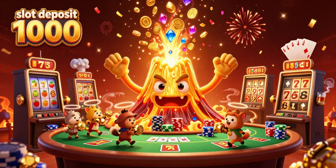 Engage in thrilling gameplay with slot deposit 1000, as a golden volcano erupts treasures and lucky symbols.