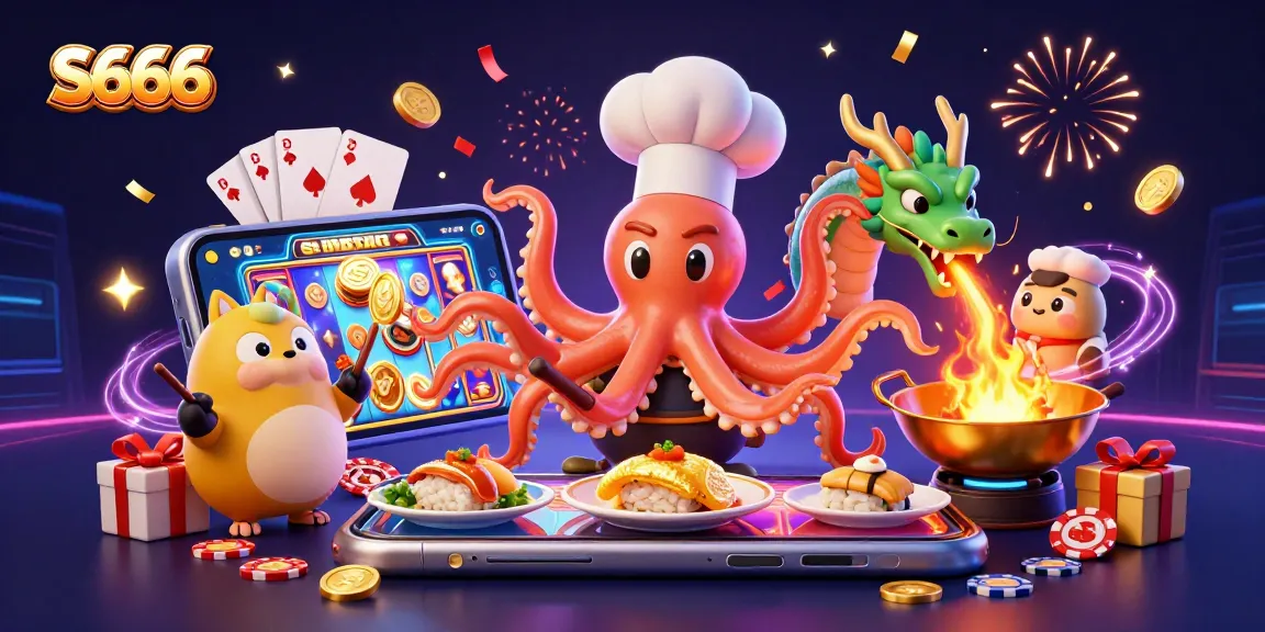 S666 players enjoy a vibrant 3D illustration of a sushi chef octopus and dragon, surrounded by casino elements and golden rewards.