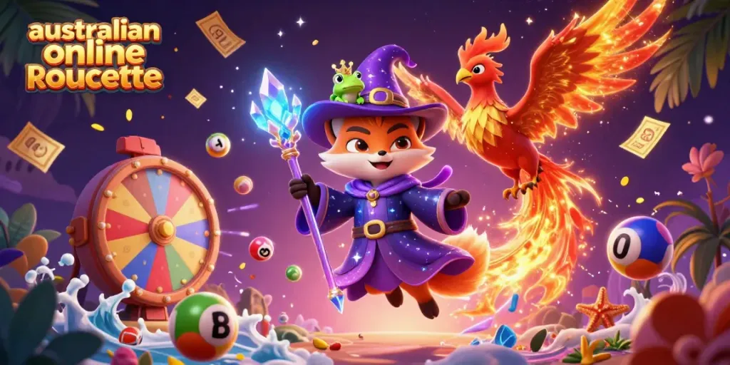 Experience the thrill of australian online roulette with a colorful, dynamic casino scene filled with vibrant characters and games.