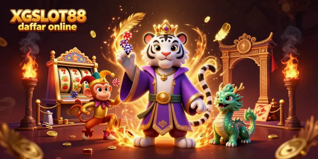 Karakter XGSLOT88 daftar online, harimau putih, monyet joker, dan naga giok beraksi di arena judi yang megah.