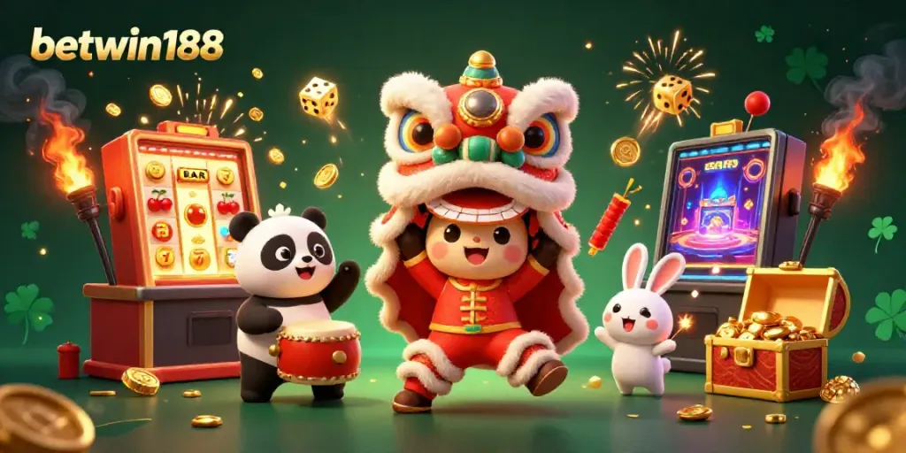 Permainan betwin188 slot dengan karakter lucu tarian singa dan hiasan emas yang memukau.