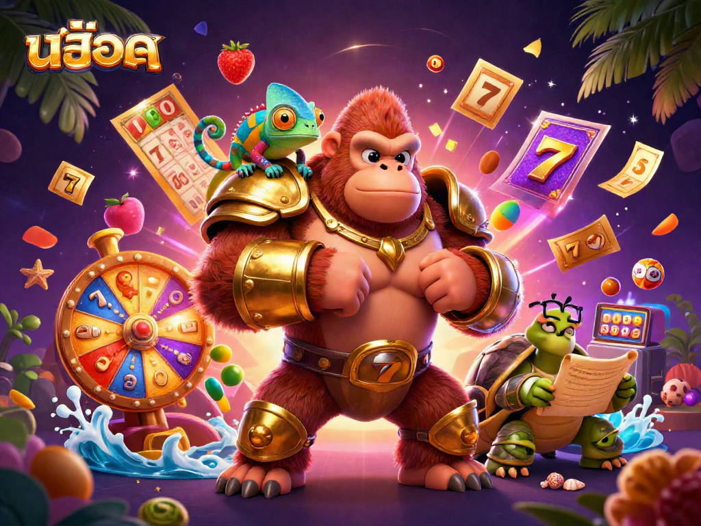 Spin slot machines and win big with สล็อต surrounded by dynamic casino elements in this vibrant illustration.