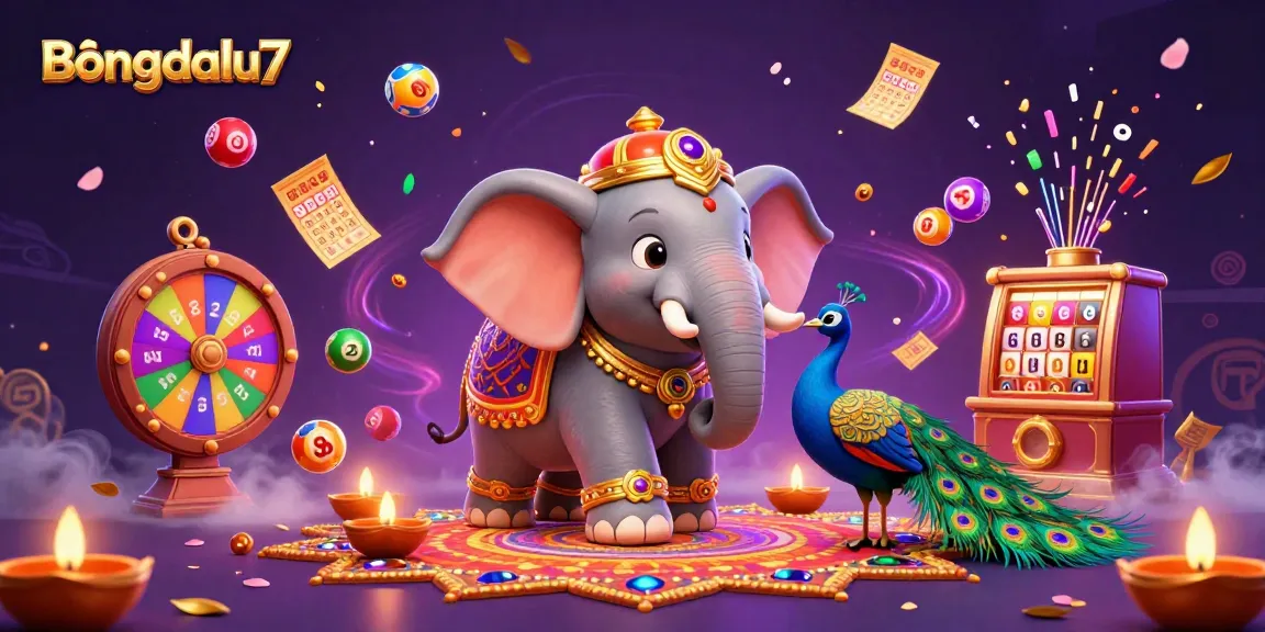 Engage with Bongdalu7's dynamic gaming scene featuring an elephant and peacock amidst lively lottery actions.
