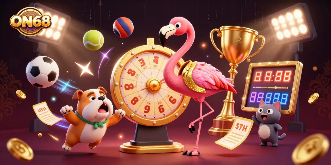 ON68 engaging scene with a game show host flamingo and bulldog contestant in a vibrant casino setting.