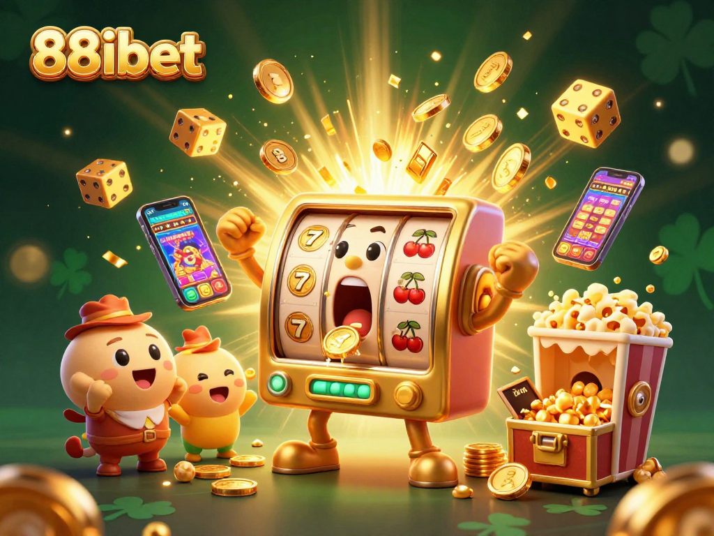 88ibet slot machine hits jackpot while smaller machines cheer, surrounded by festive casino elements.