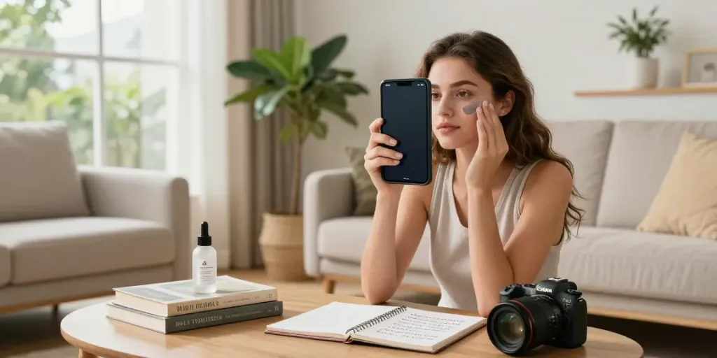 Exploring alternatives to QOVES with a beauty app analysis in a stylish home.