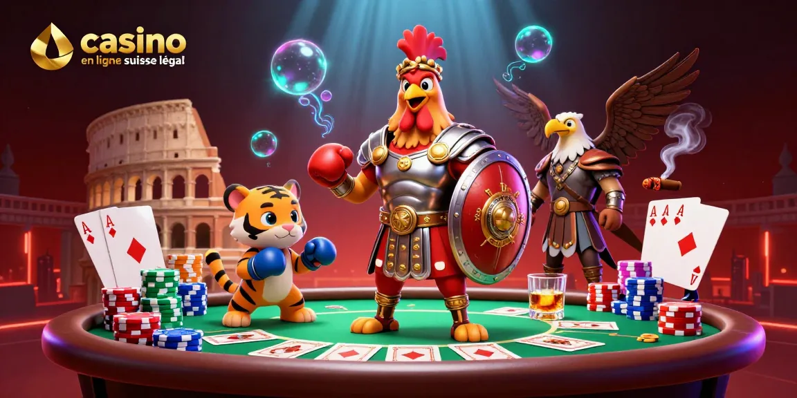 Profitez d'une scène de casino en ligne suisse légal avec un coq et un tigre en action.