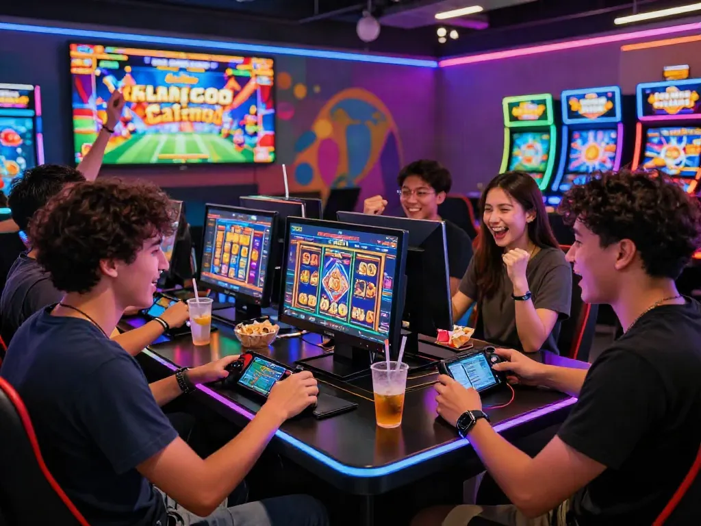 Friends celebrating a big win while playing slot gacor games in vibrant casino atmosphere.