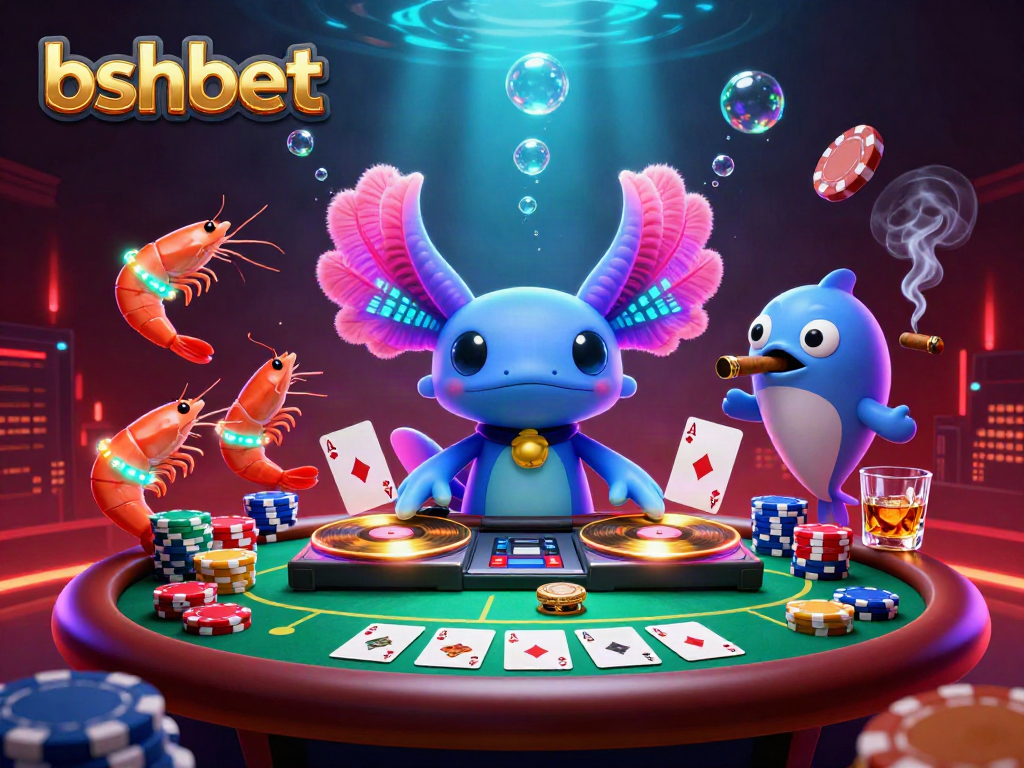 Bshbet showcases a vibrant underwater party scene with a neon axolotl DJ and poker action, highlighting a thrilling gaming experience.